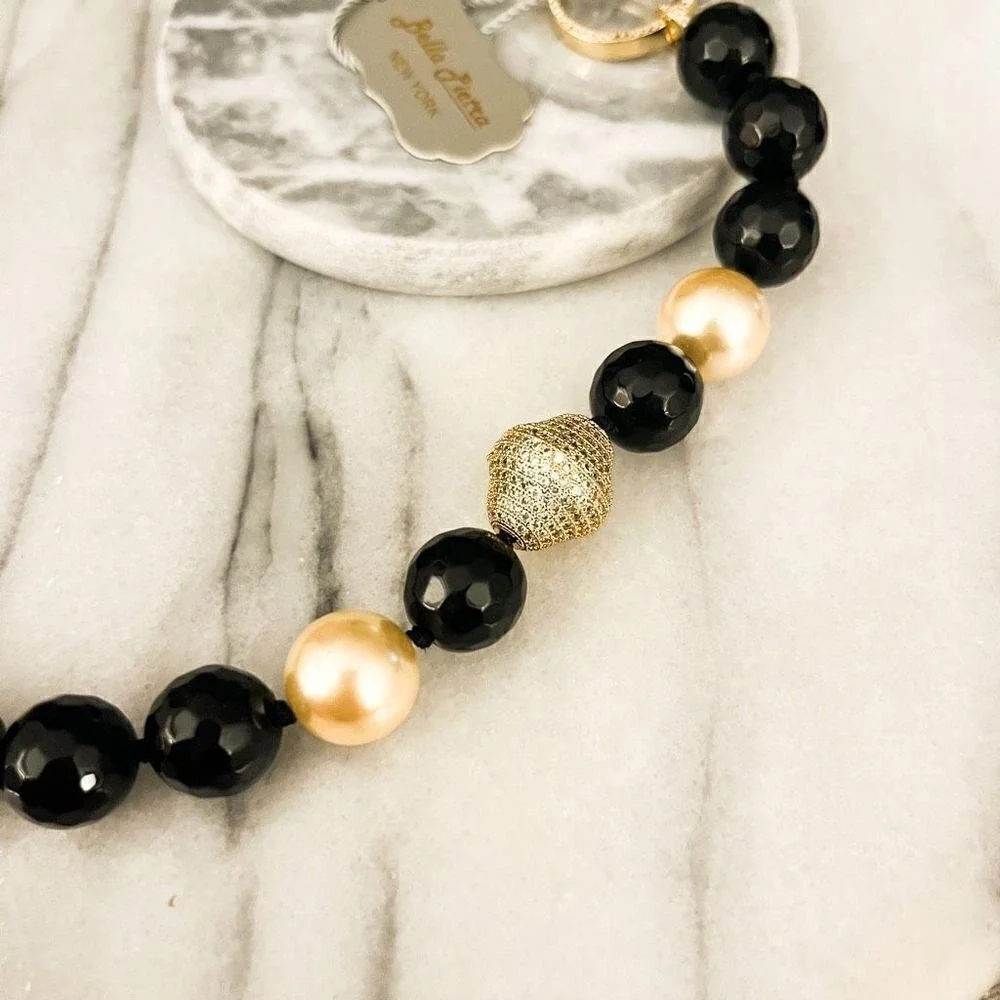 Bella Pietra Black Onyx Beaded Necklace | Pearl Accent‎ Crystal Clasp | NWT